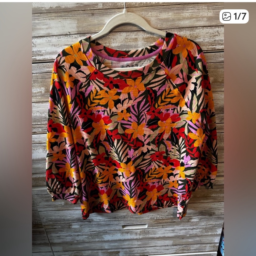 🌺 LOFT Floral Cotton Knit Top Medium Pink Orange 3/4 Sleeve Casual Boho